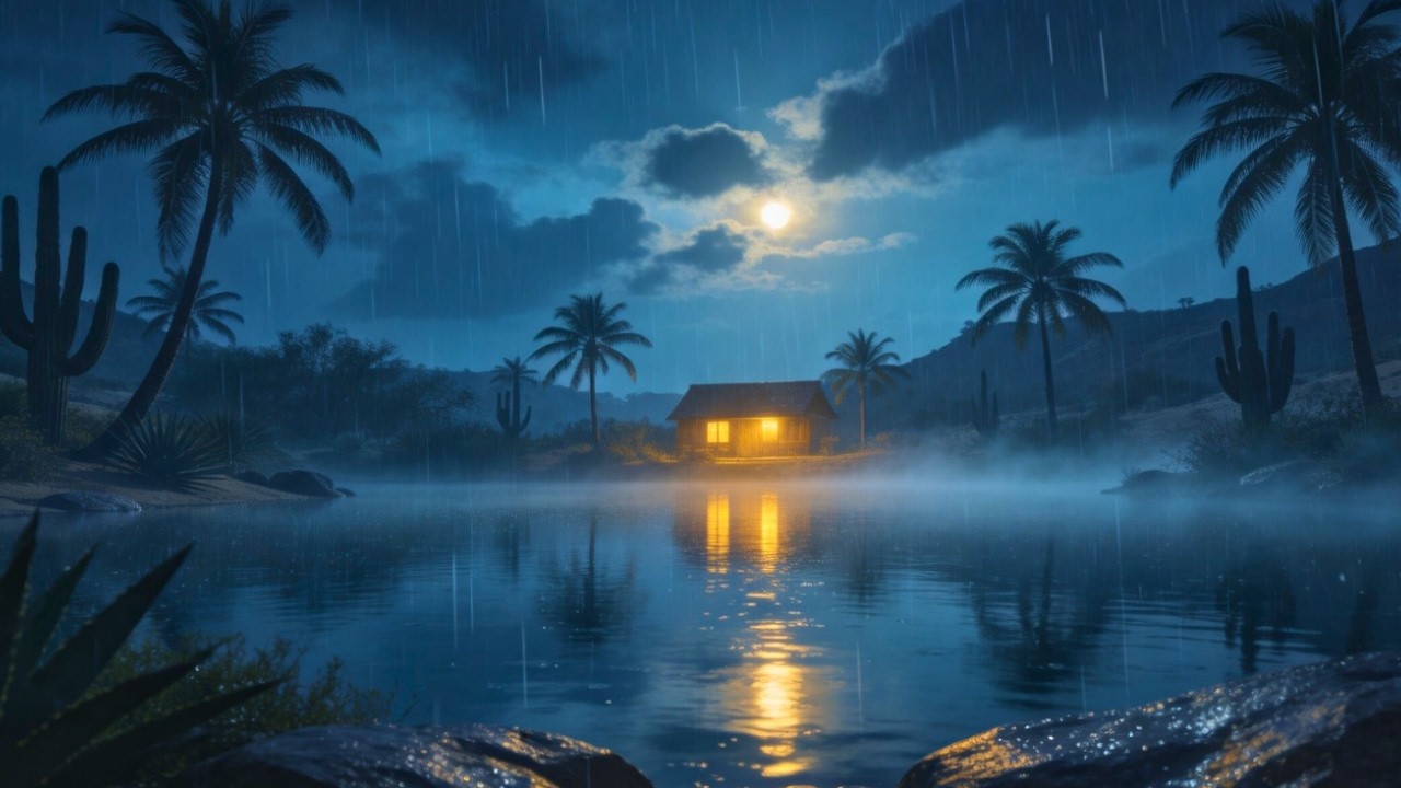 Calm Rain Sounds in a Desert Oasis | Night Ambience