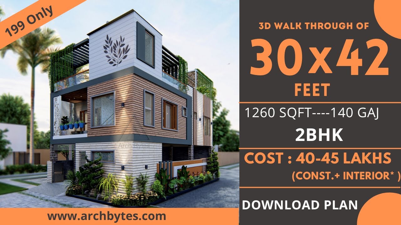30x42 Corner House Design 3D | 1260 Sqft | 140 Gaj  | 2 BHK || Terrace Garden | 9x13 Meters