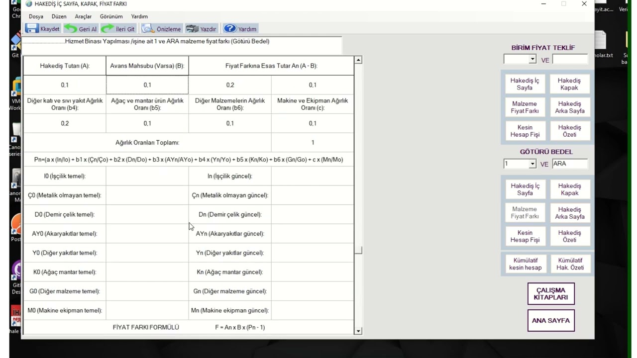 YAMAHES Yaklaşık Maliyet ve Hakediş Programı, Fiyat Farkı