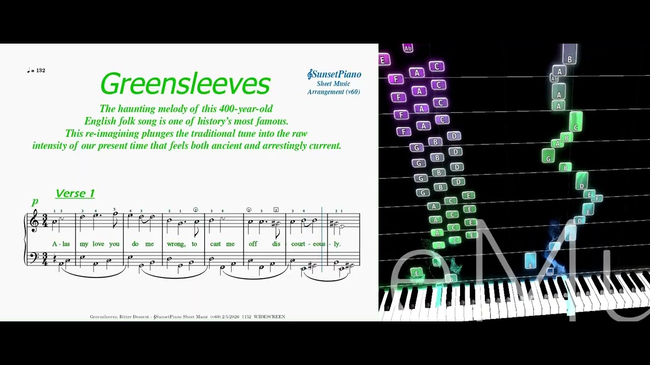Greensleeves; Bitter Descent   𝄞SunsetPiano Sheet Music v60 WIDESCREEN