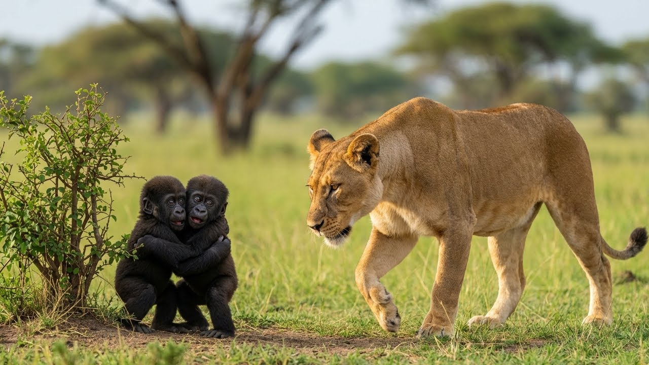 Lioness Encounters Two Baby Gorillas, What She Did Next Shocked Everyone!