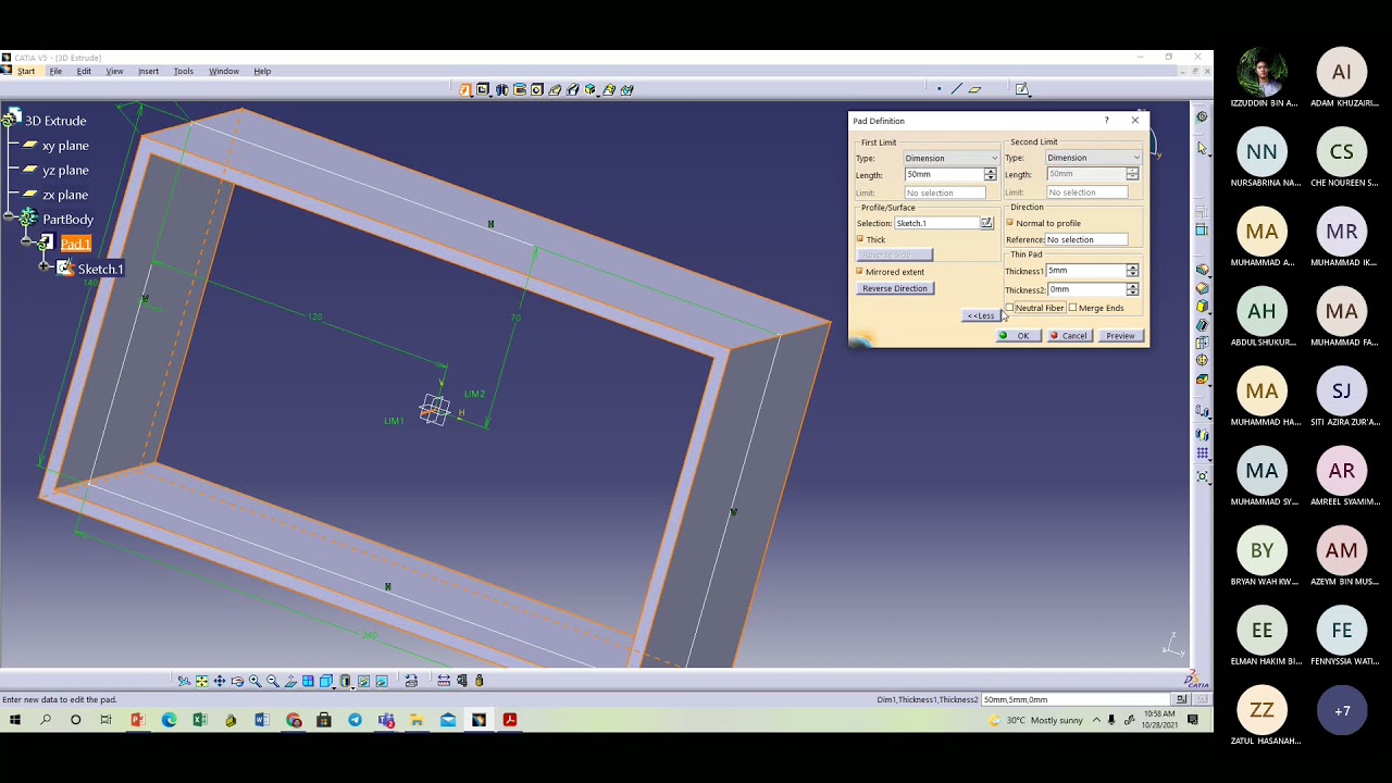 Online Class CATIA 3D Modelling, Pad, Multipad, Thick pad 27102021