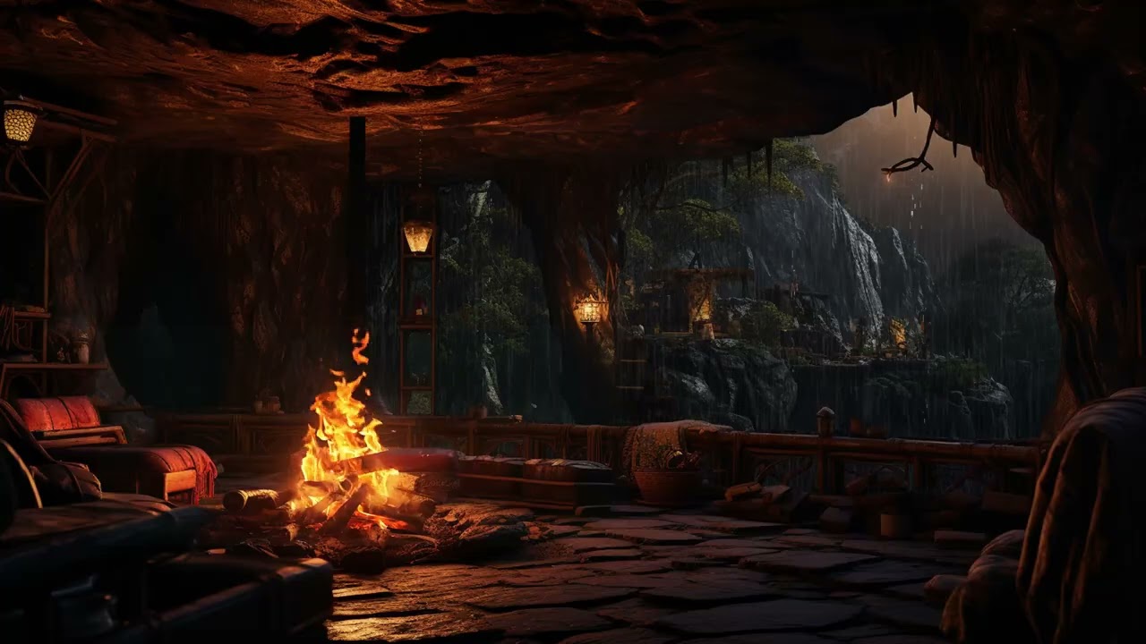 Cozy Cave Ambience with Gentle Rainfall Outside for Deep Sleep Meditation and Stress Relief