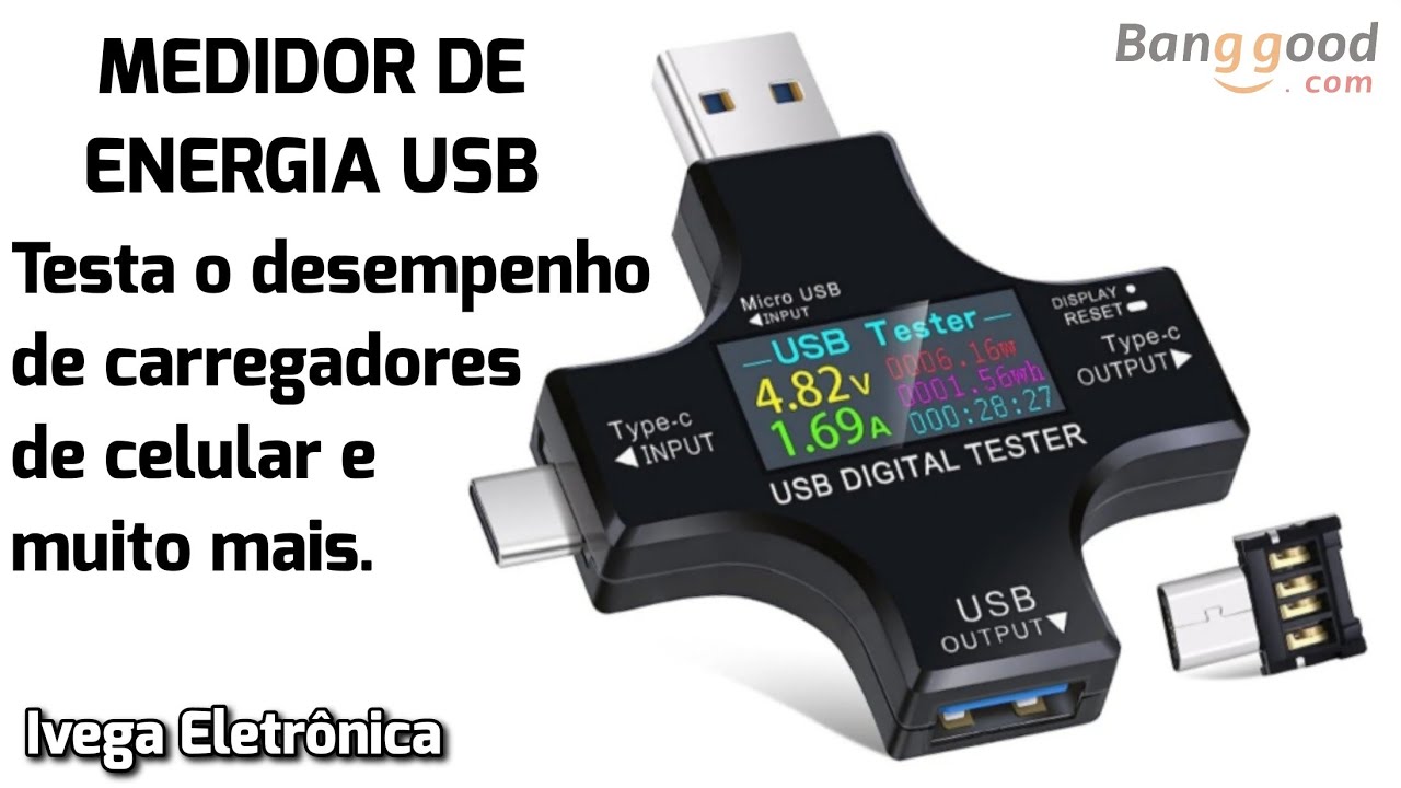 Teste USB, ideal para testar o desempenho de carregadores de celular.