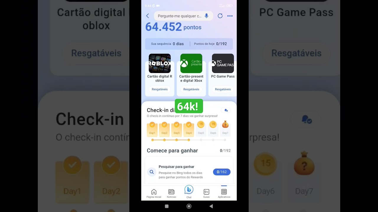 +192 pontos hoje fa&ccedil;a pesquisas no bing app e navegador e ganhe pontos troque por #robux ou dinheiro