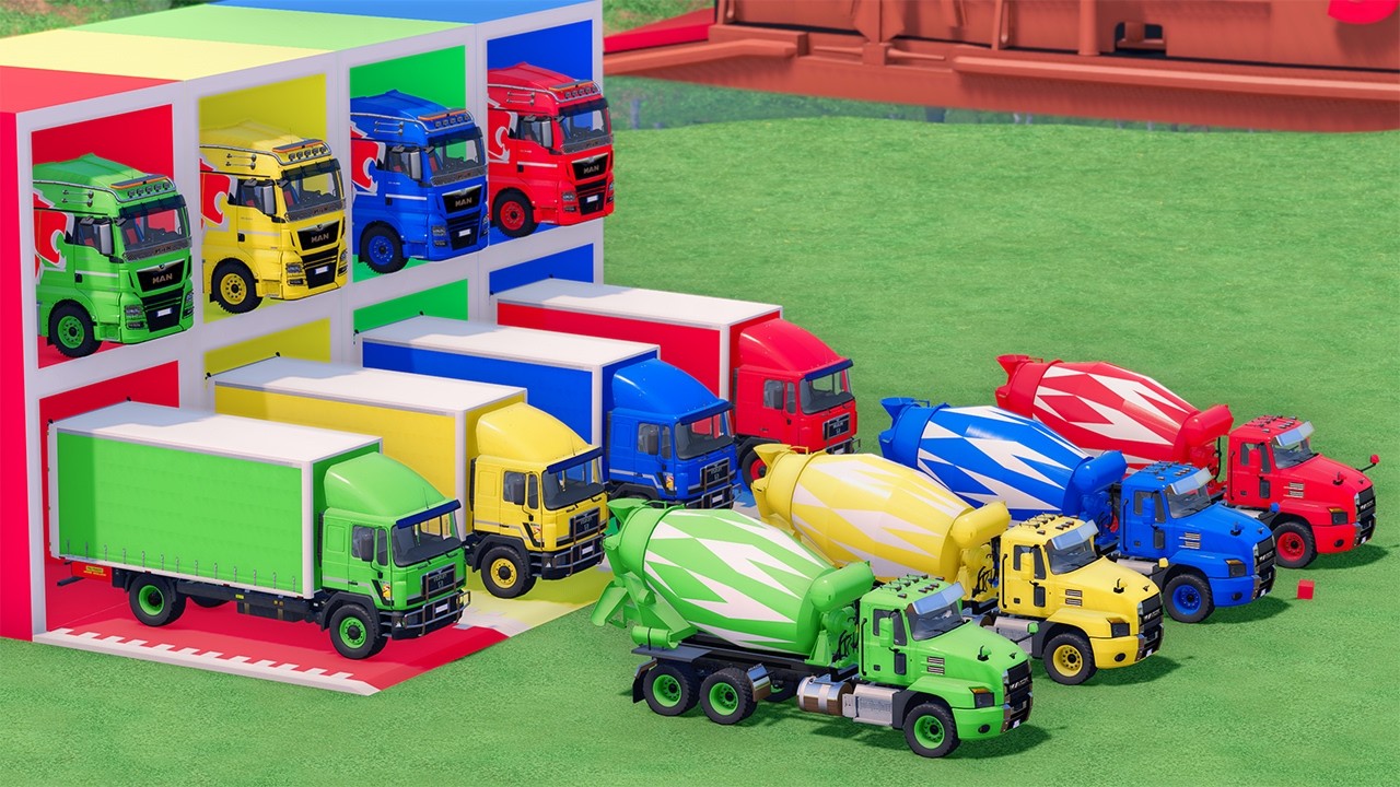 Trucks With COLORS - MACK MIXER TRUCK and MAN BOX TRUCK with MAN FLATBED TRAILER TRUCK - FS22