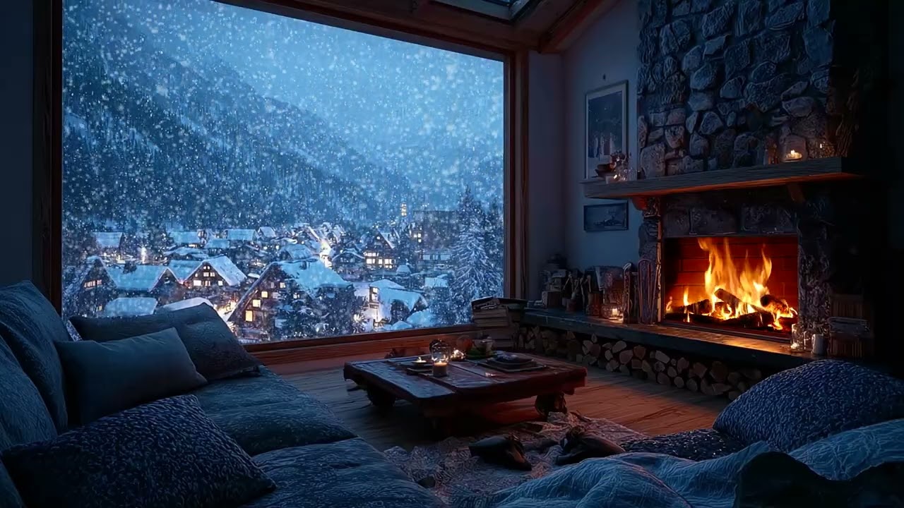Snowy Mountain Cabin Escape with Cozy Fireplace Sounds for Deep Sleep & Peaceful Study Nights