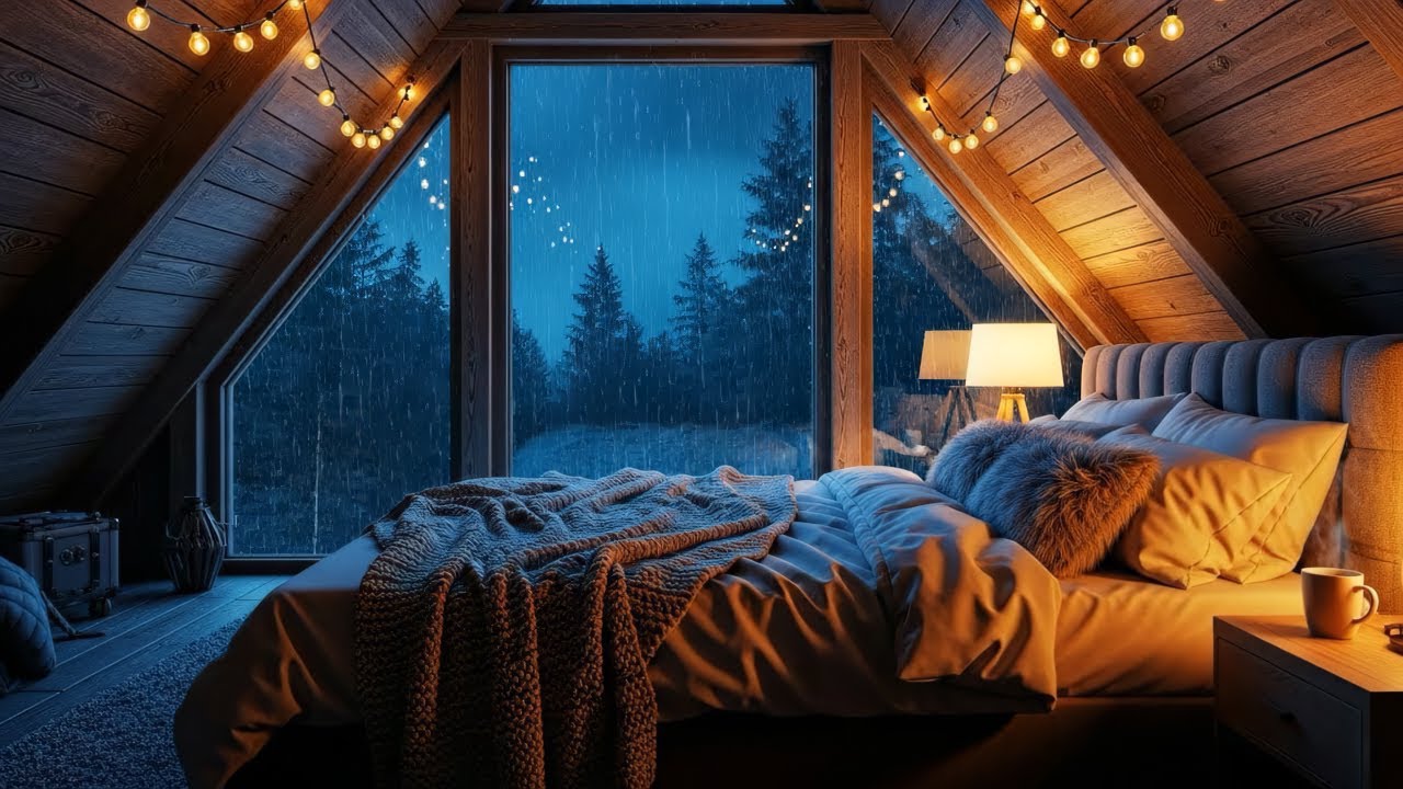Sleeping in a Warm A-Frame Cabin 2026 ❄️ Heavy Winter Rain on Glass (8D Audio Hibernation)