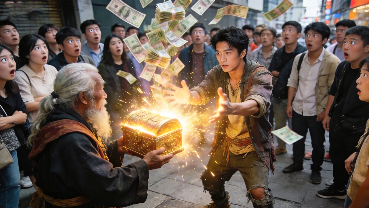 متسول في الشارع يتلقى صندوق قوى خارق من شيخ غامض، وبحركة يدين يظهر مليون!