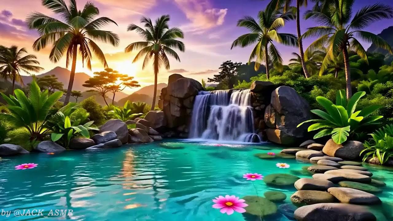 🌴 Tranquil Sunset Waterfall Oasis 🌊 Natural River Sounds for Stress Relief