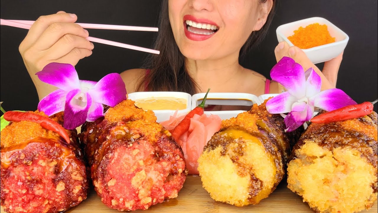 FRIED SUSHI SALMON AVOCADOS ASMR MUKBANG OMAD CRUNCHY EATING NOISES SEAFOOD MESSY BIG BITES
