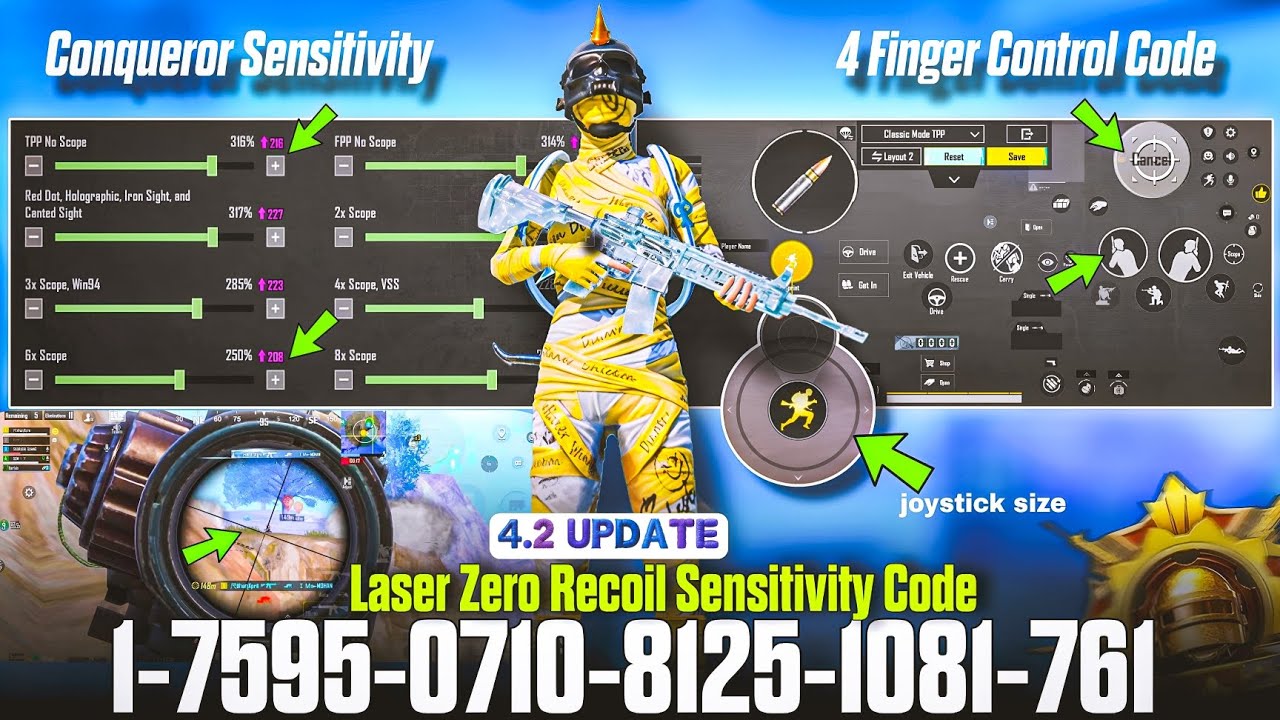 Bgmi Laser Zero Recoil Sensitivity 🔴 | 4.2 update Sensitivity Settings + Code /4 Finger Control code