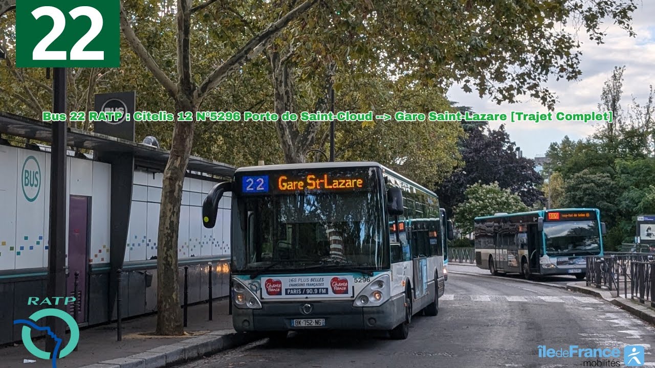Bus 22 RATP : Citelis 12 N⁰5296 Pte de Saint-Cloud / Gare Saint-Lazare.