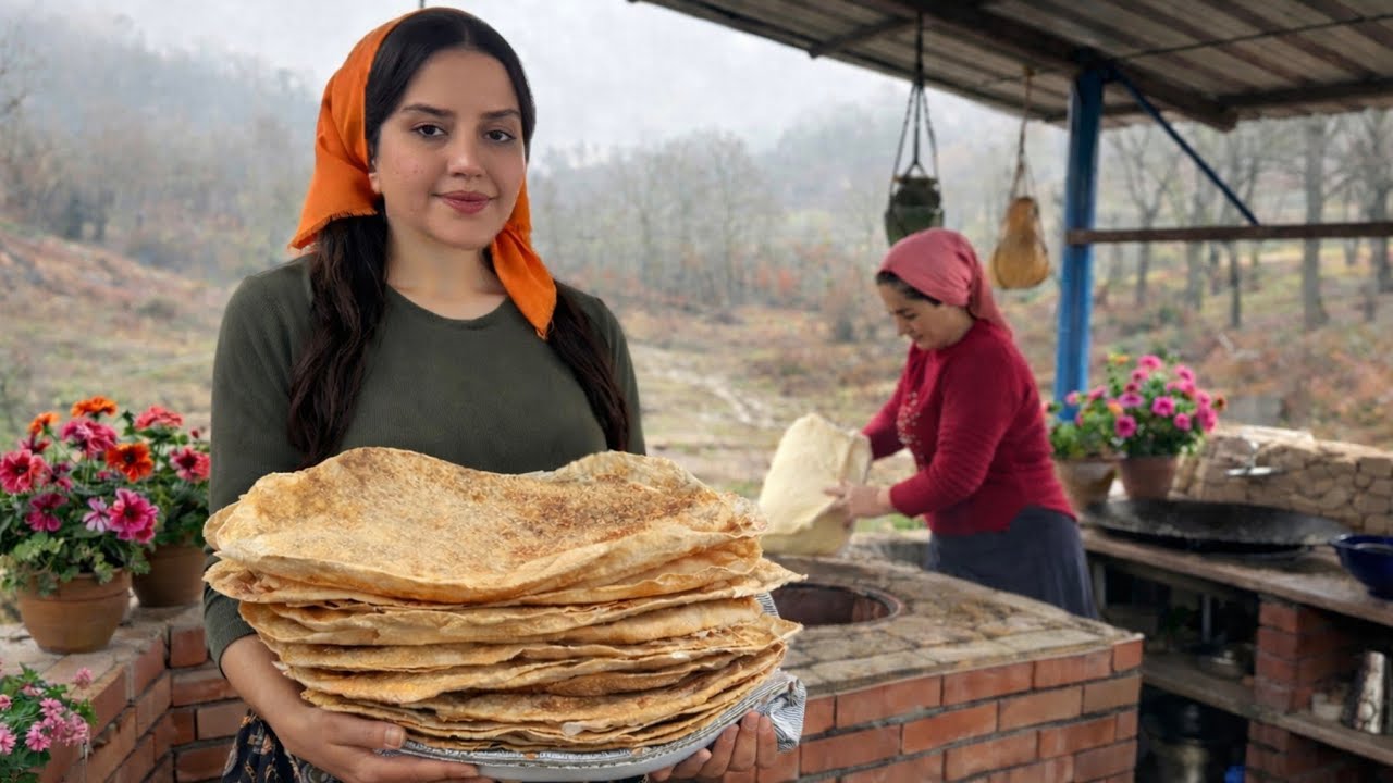 Baking lavash bread on a rainy day in the village