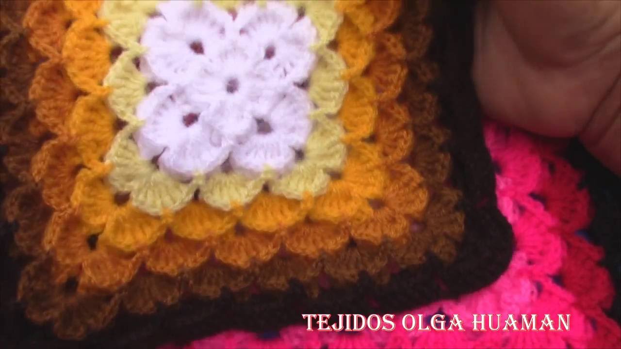 Cuadrado a crochet abanicos en relieve para colchas y cojines paso a paso