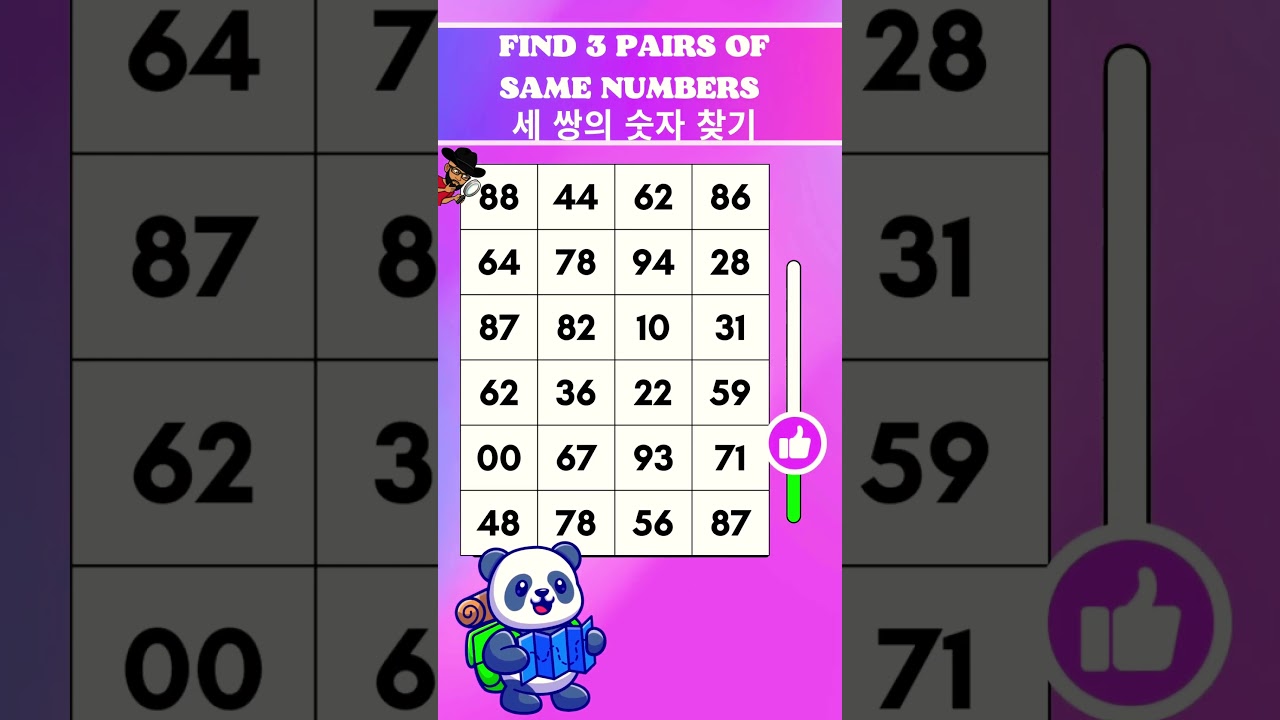 ⏰ Time’s Ticking: Spot the 3 Number Matches FAST! | 세 쌍의 숫자 찾기