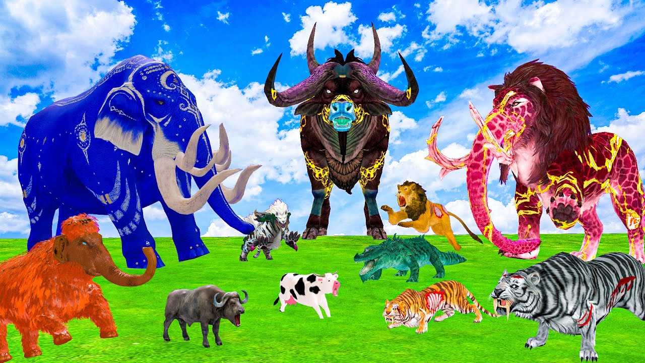 10 Giant Mammoth vs Giant Zombie Wolf vs 5 Lions Giant Bull Saved by Wolly the Mammoth