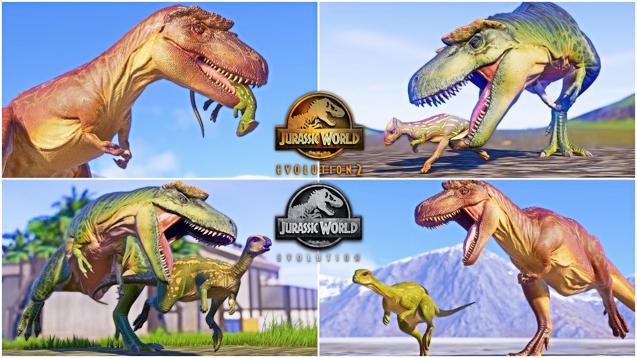 JWE1 vs JWE2 Comparison of Albertosaurus Hunt and Kill Animations vs All Dinosaurs