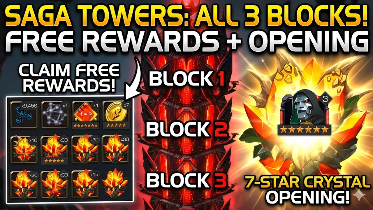 Saga Towers All 3 Blocks Best Counters + Crystal Opening Free Rewards Mcoc 
