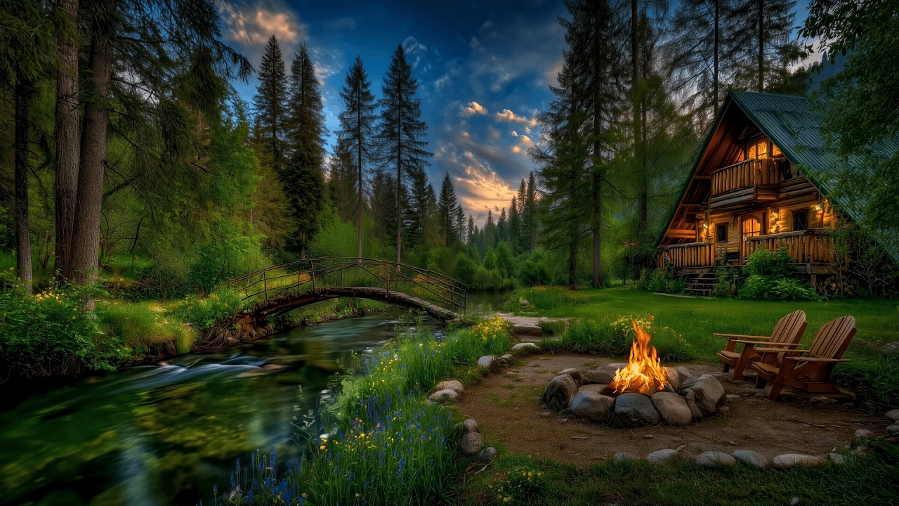 Serenity Awaits – Early Morning Forest Cabin River & Firepit Ambience | Healing Nature Sounds