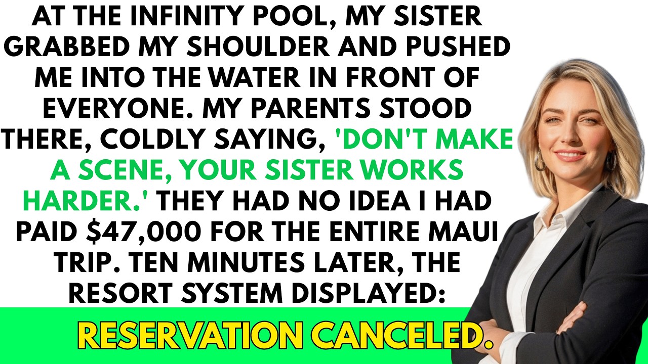 At the resort pool, she pushed me into the water… ten minutes later, her luxury vacation disapeared…