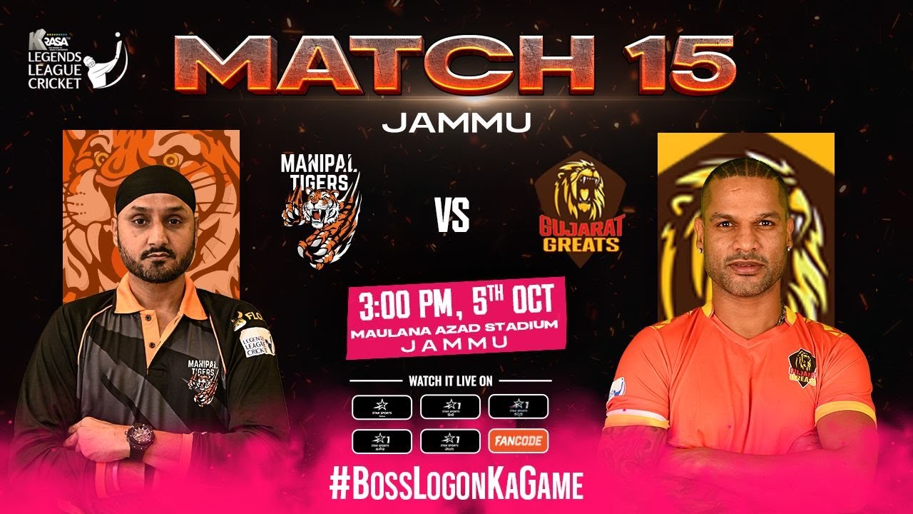 Live Match 15 : Manipal Tigers VS Gujarat Greats | Legends League Cricket 2024