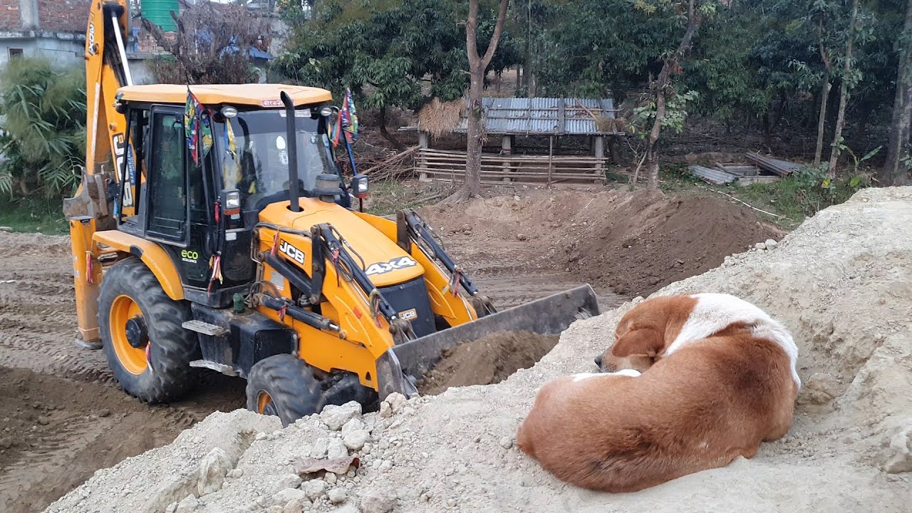 JCB Backhoe Loader Filling Mud in House Foundation - JCB Machine Working For House Construction