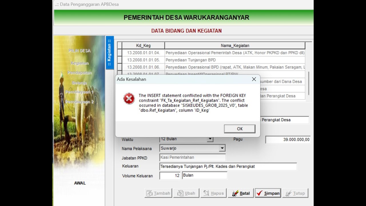 Error Penganggaran pada Siskeudes 2.0.7 Tahun Anggaran 2025