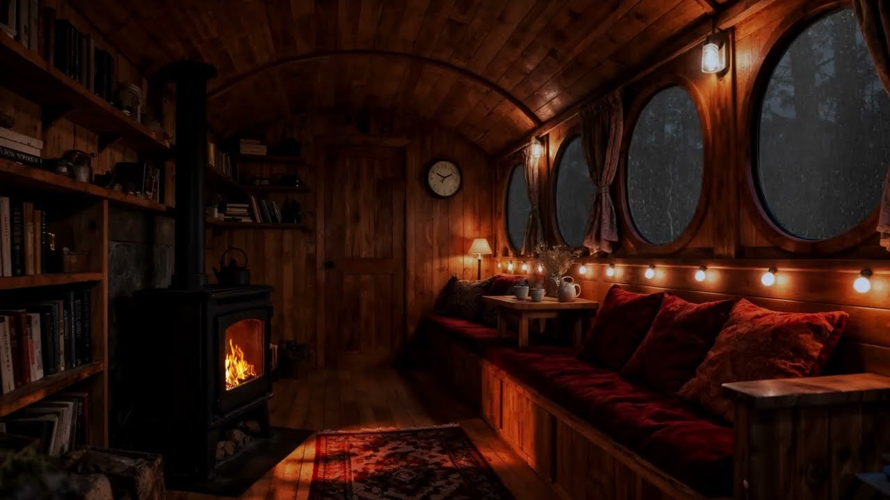 Sleep Soundly in the Quiet Wooden Train Carriage😴Crackling Fireplace & Thunderstorm💆‍♀️Stress Relief