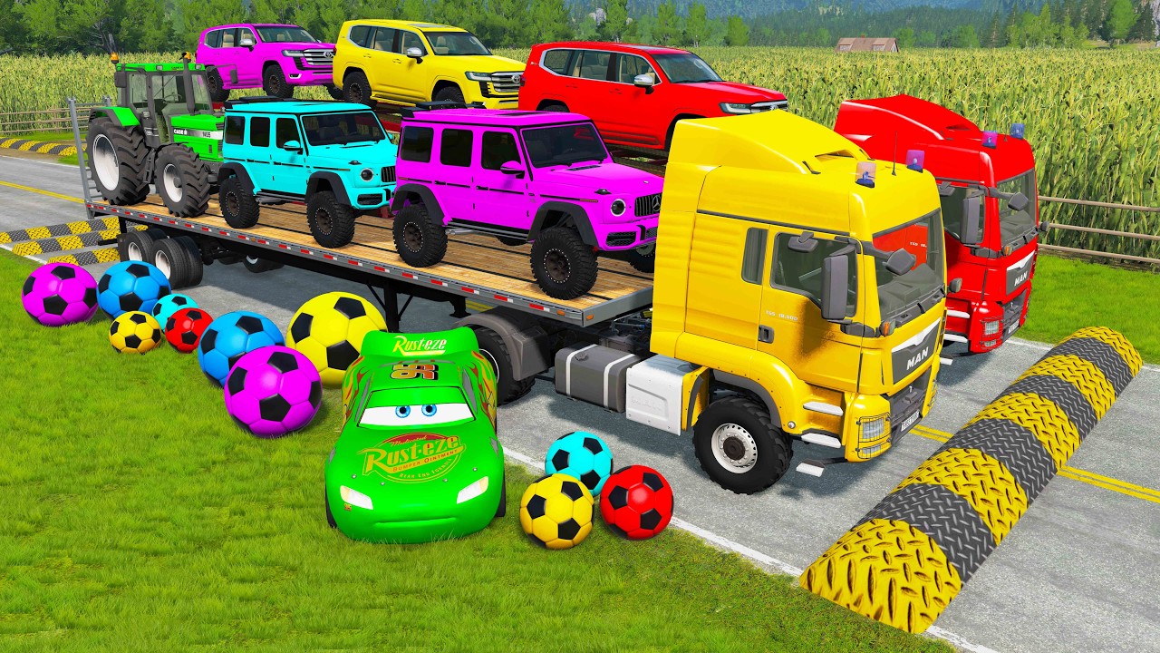 Double Flatbed Trailer Truck vs Speedbumps McQueen Train vs Cars | Tractor vs Train Beamng.Drive #14