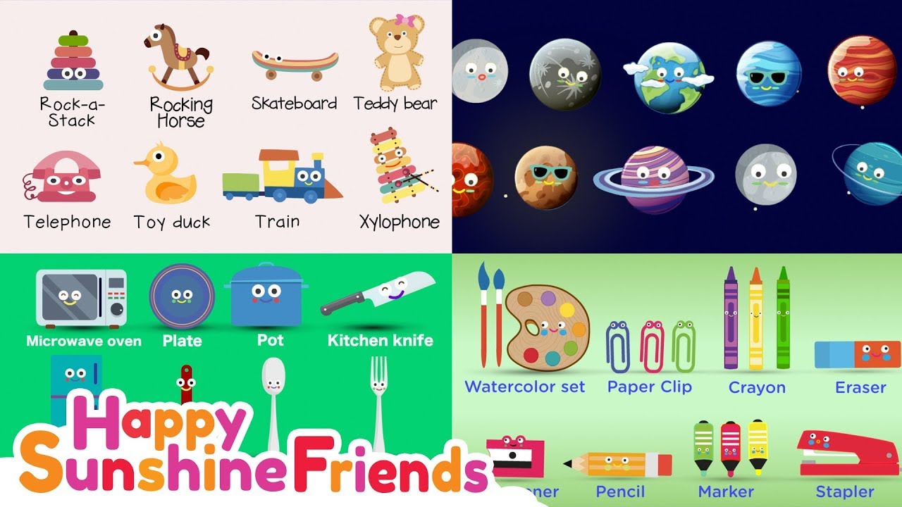 Kids learning lesson kitchen, stationery and planet | Educational video for kids