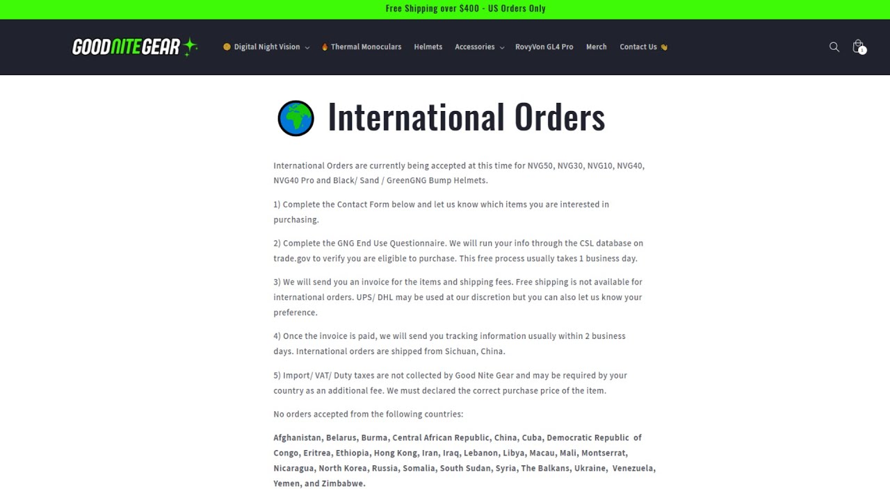 Good Nite Gear International Night Vision Orders