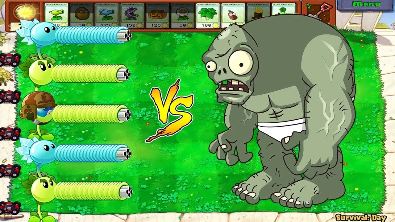 Plants vs Zombies - Snow Pea, Repeater Fire, Gatling Pea vs Gargantuar