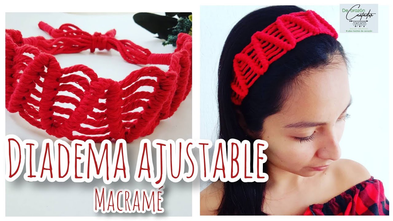 Diadema ajustable tejida a macramé, usando nudos festón