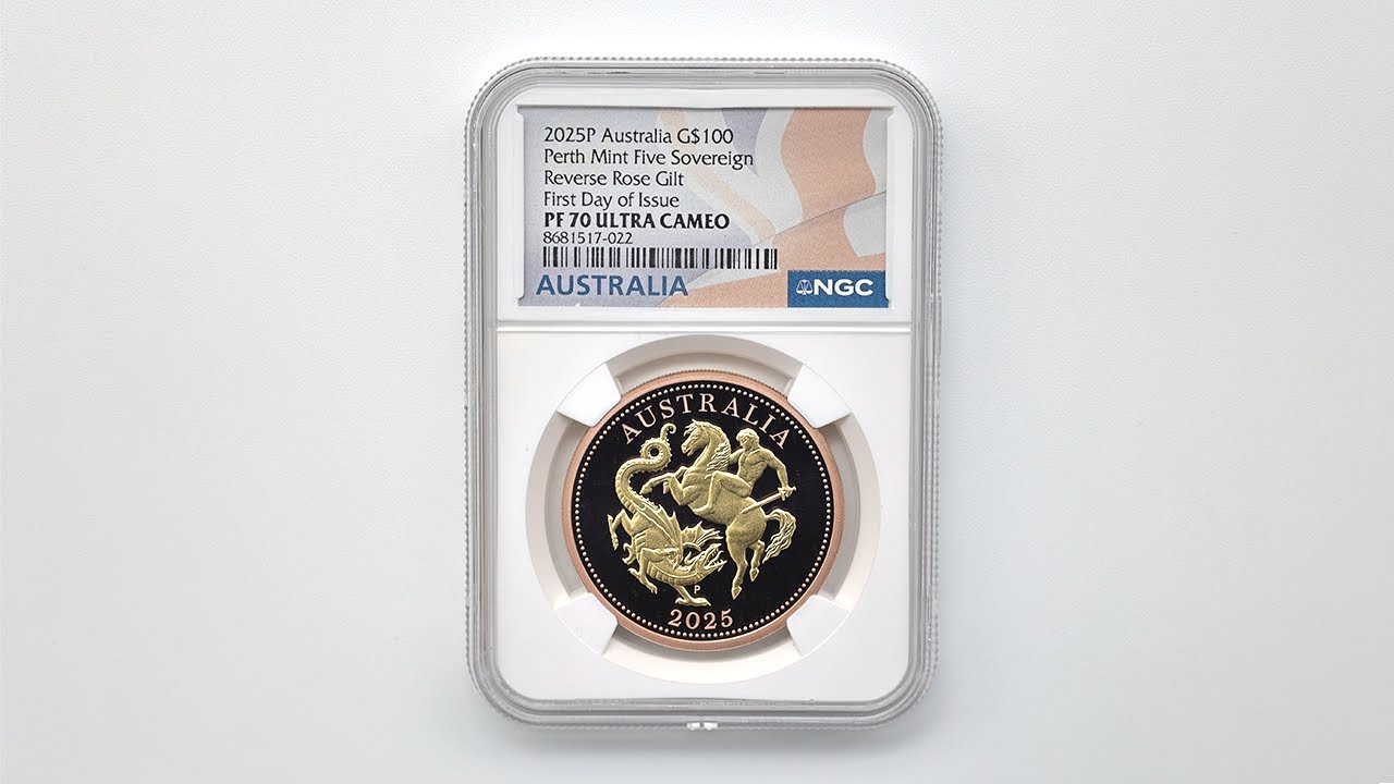 日本独占販売 2025 オーストラリア 聖ジョージ竜退治 5ソブリン 金貨 100豪ドル 金メッキ仕上げ NGC PF 70 UC FDOI 最高鑑定 元箱付 8681517-022