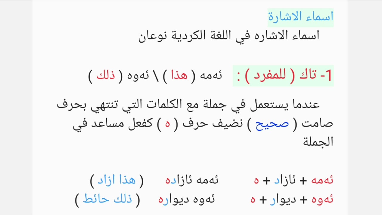 اللغة الكردية / الصف الرابع / اسماء الاشارة