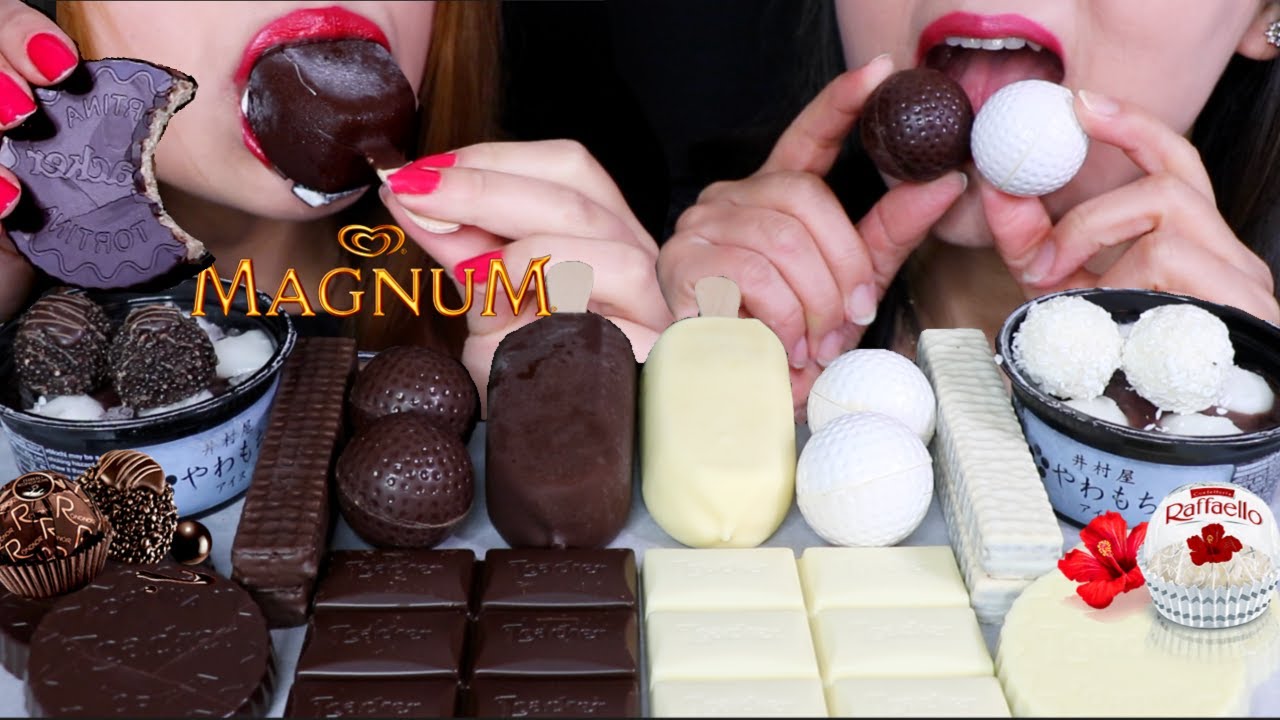 ASMR DARK + WHITE CHOCOLATE GOLF BALLS, MAGNUM ICE CREAM, OREO WAFER, MOCHI CUPS 먹방 | Kim&Liz ASMR