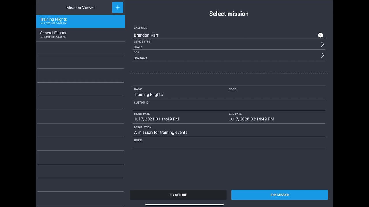 DroneSense Mobile: Mission Selection