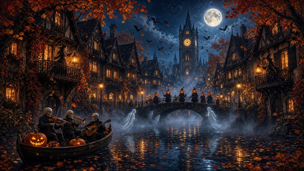 Relaxing Halloween Ambience 🎃Cozy Autumn Night in Pumpkin Village 👻 Spooky Sounds & Halloween Music