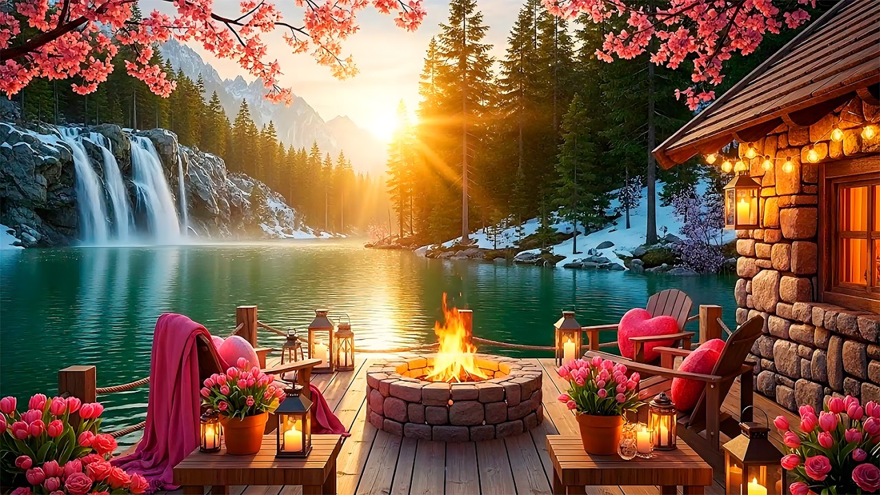 Romantic Valentine’s Cabin: Cozy Fire & Sunset Lake View (ASMR Ambience)
