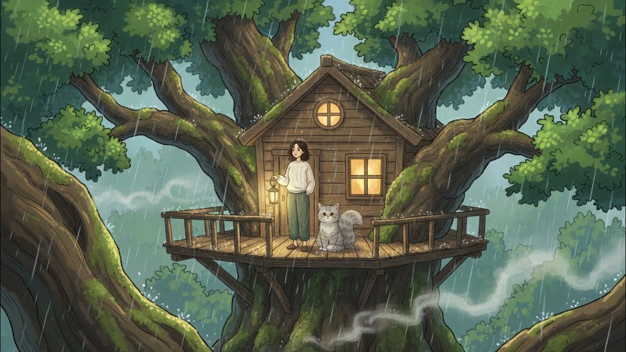 A Hidden Treehouse Life During a Heavy Rainstorm