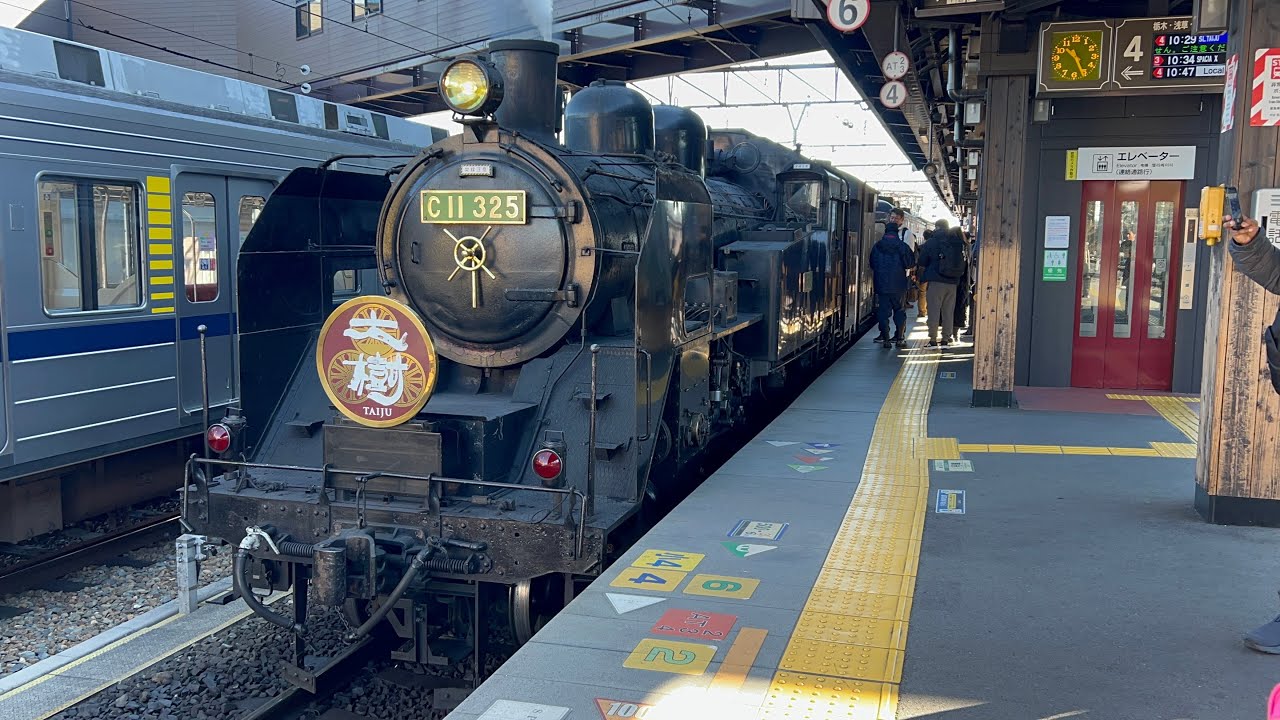 東武鉄道SL大樹3号鬼怒川温泉行きが下今市駅4番線を発車するシーン蒸気機関車C11形325号機＋14系客車3両(展望付き) 2025.12.28