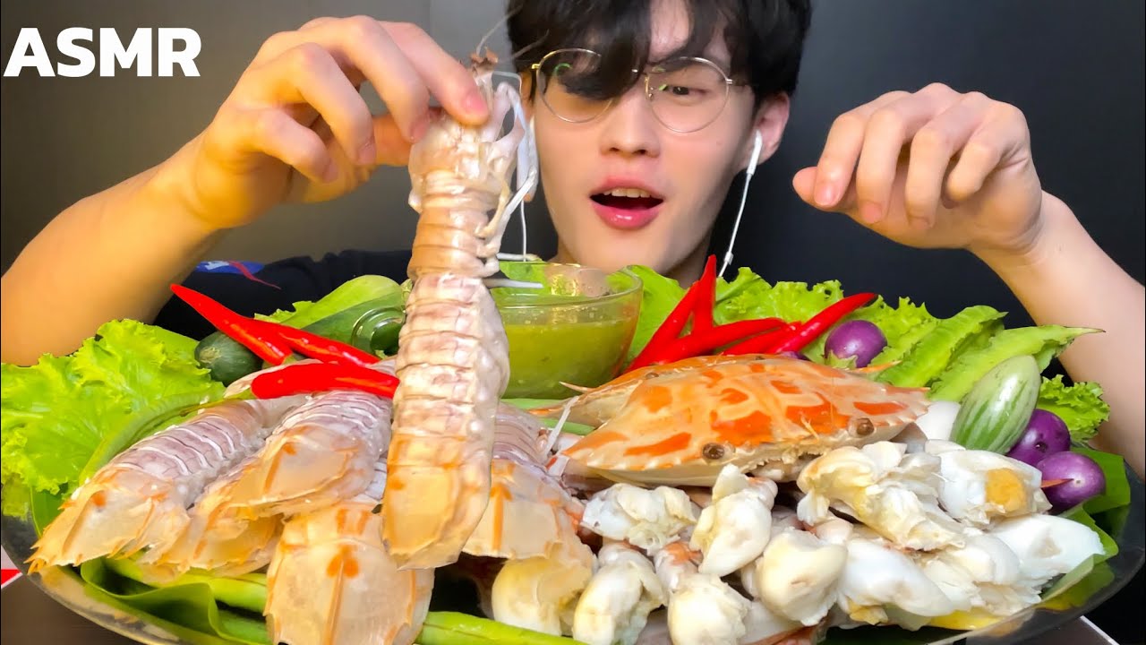 ASMR 신선한 대왕 딱새우,꽃게(Ft.씨푸드 소스) Blue Crab with Crayfish and Seafood Sauce ปูม้ากับกั้งและน้ำจิ้มซีฟู้ด
