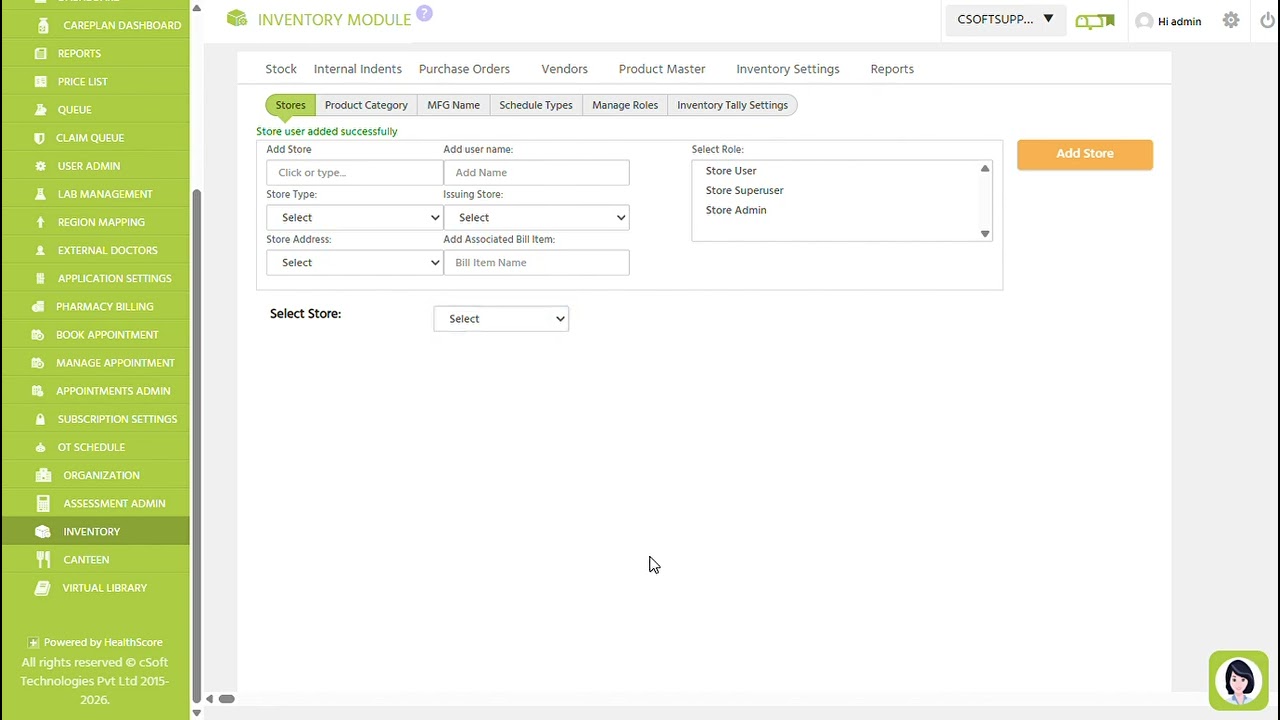 Inventory setup for newly created location in Healthscore