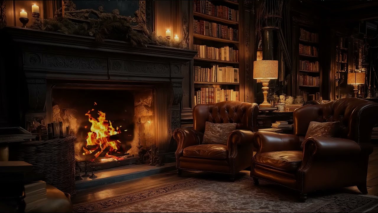 Cozy Library Fireplace Ambience with Crackling Fire Sounds for Reading, Relaxing, and Deep Sleep