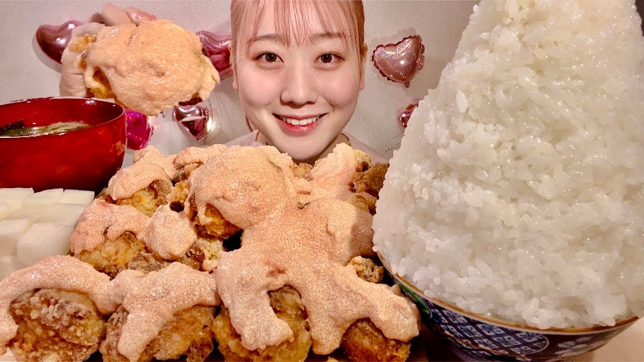 ASMR японская жареная курица Ментаико майонезный соус 【русские субтитры】【Mukbang/ Eating Sounds】