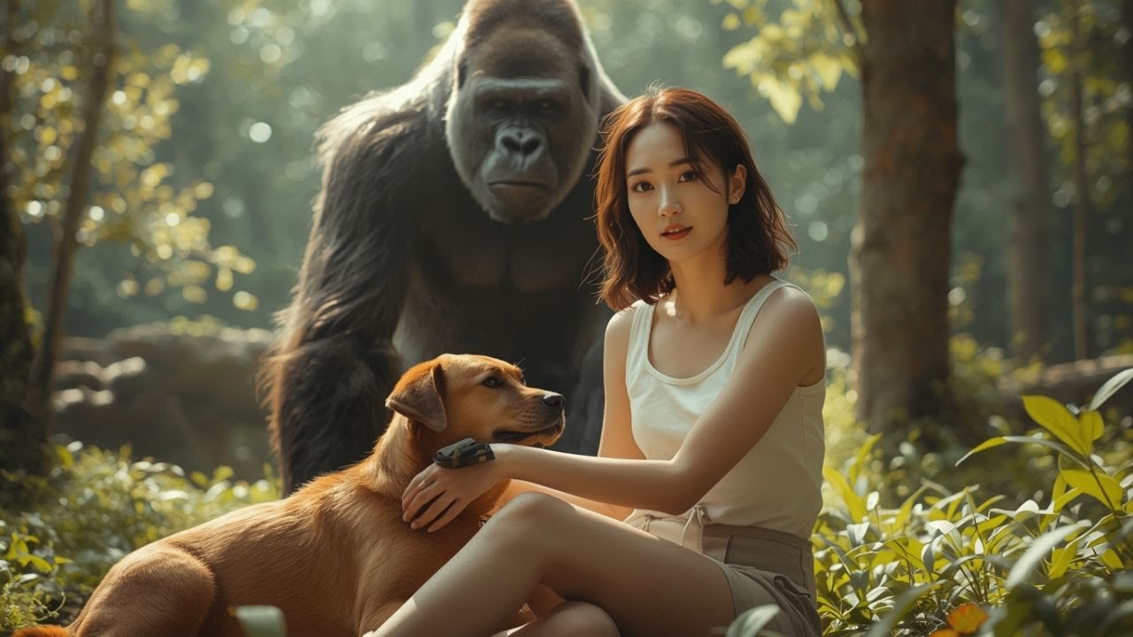 Rescuing a rabbit in danger King Kong and the girl face the leopard