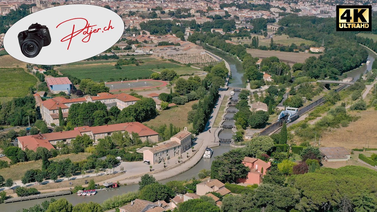 Canal du midi - the wordwide unique 9 locks of Fonseranes near Beziers France in 4k