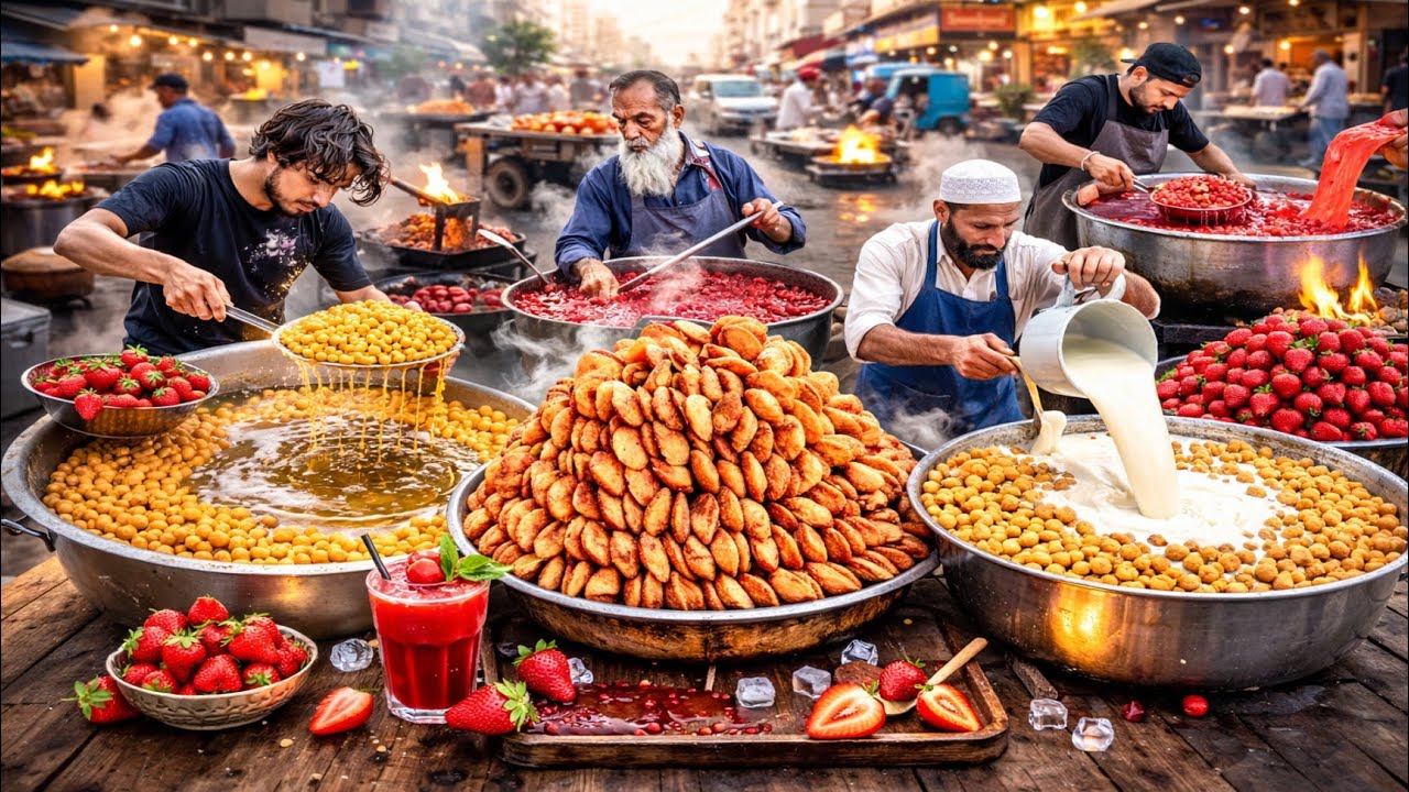 RAMADAN STREET FOOD BEFORE IFTAR STRAWBERRY SHARBAT, CHAAT, SAMOSA, PAKOLA MILKSHAKE, & MANY MORE 