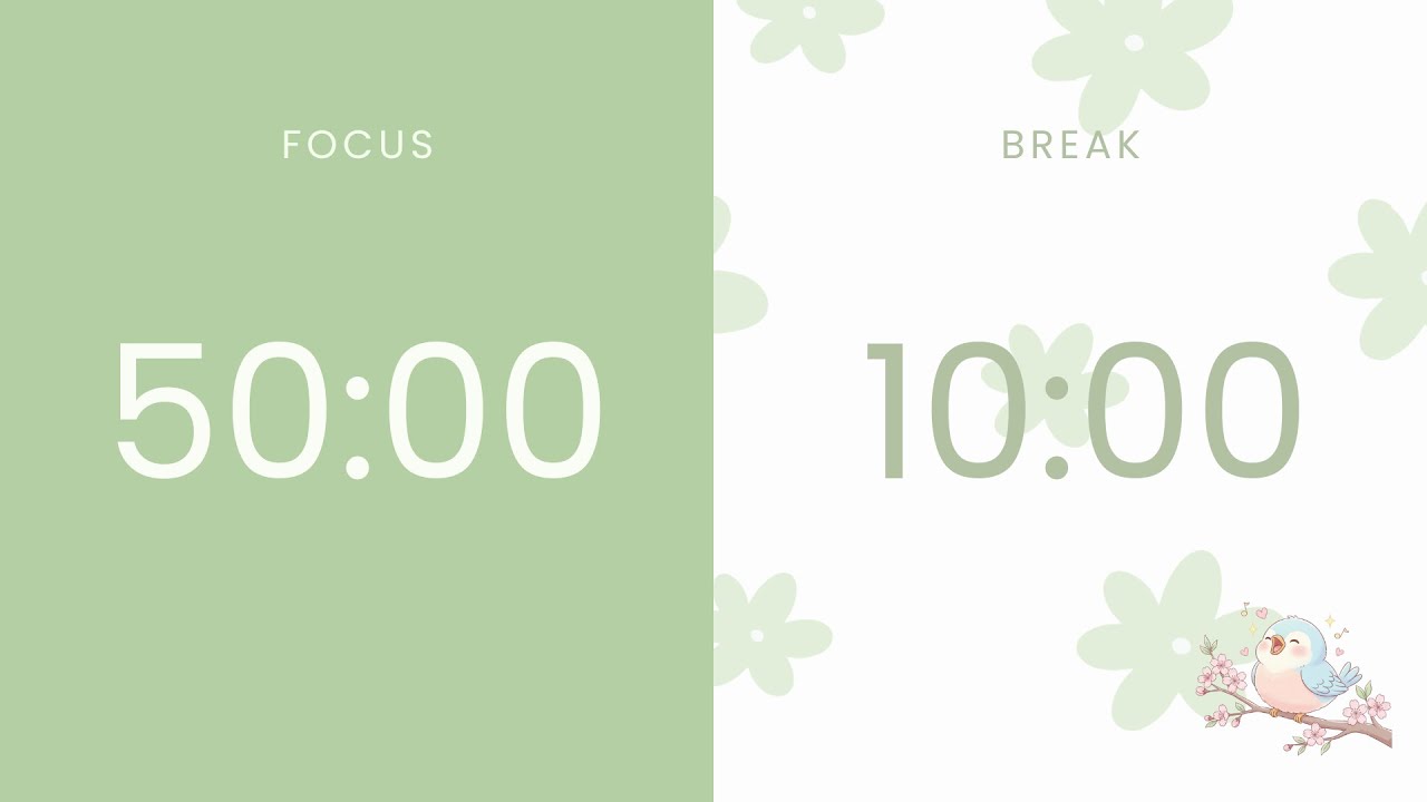 50/10 Pomodoro Timer 🍅 6 HOURS Silent Focus Timer | Deep Work & Study | Bird Chirp Alarm 🐥